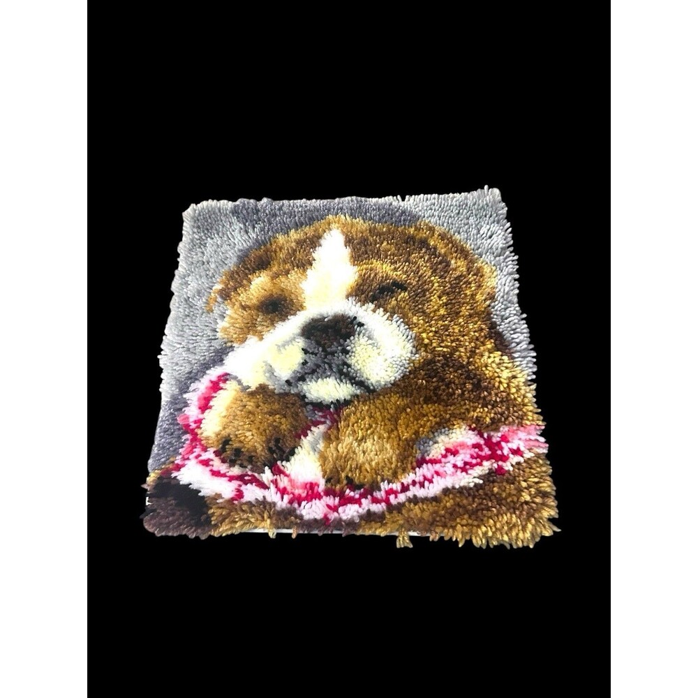 Completed Latch Hook Pillow Brown Puppy Sleeping bulldog 17 inch Broken Zipper